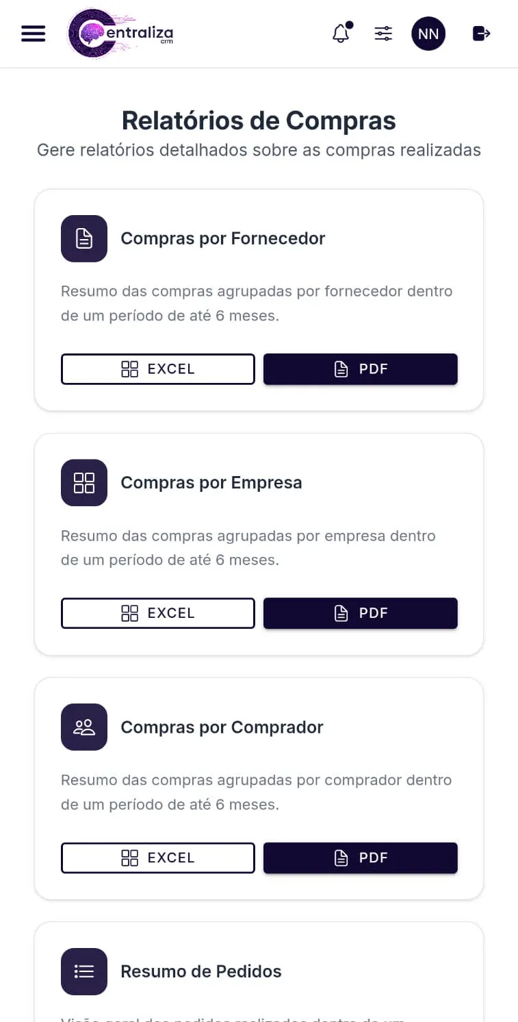 Tela "Relatórios de Compras" no celular, com os relatórios por fornecedor, por empresa e por comprador, cada um com os botões Excel e PDF