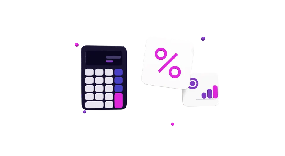 Ilustração isométrica de uma calculadora ao lado de um painel com um símbolo de porcentagem em destaque