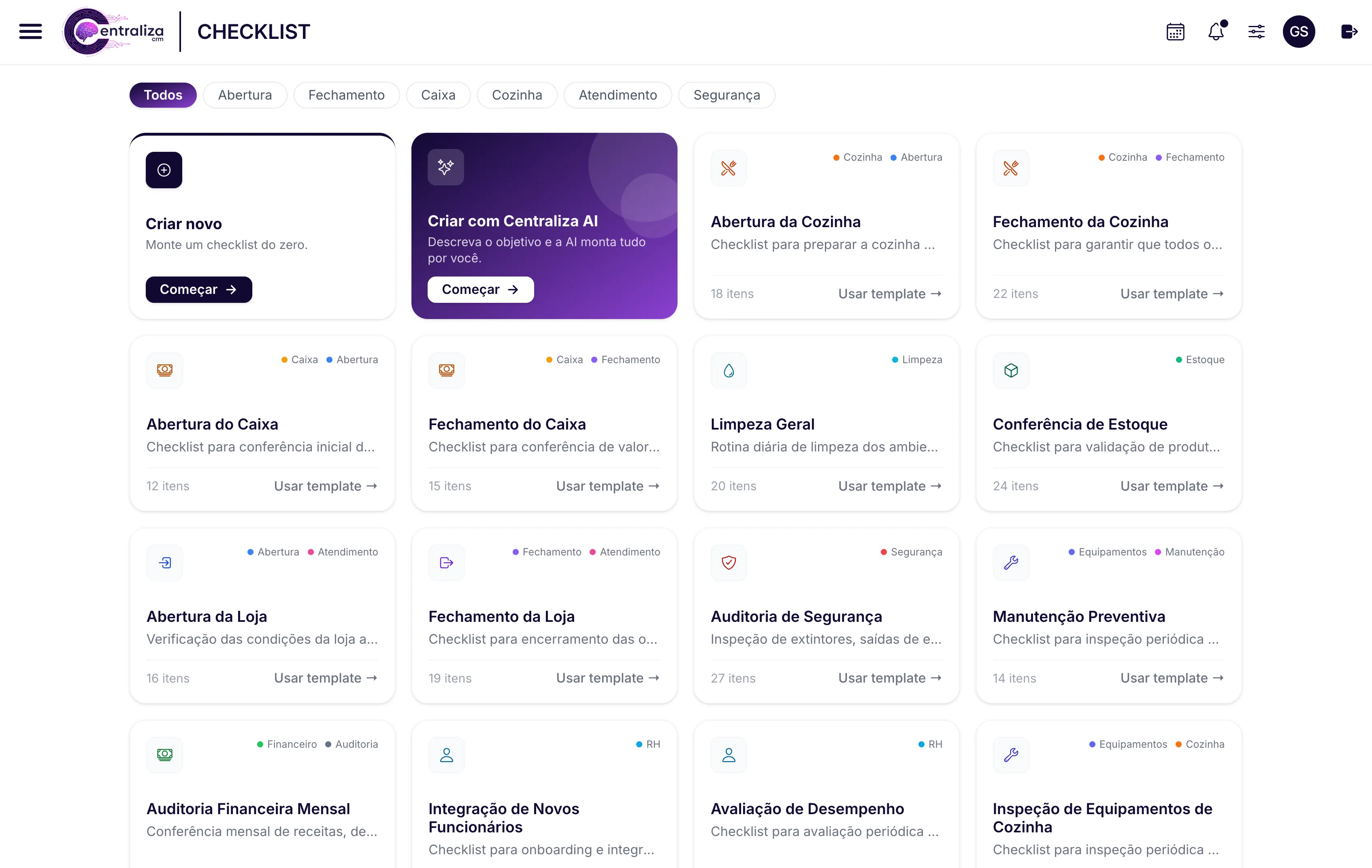 Tela do Centraliza com a galeria de modelos de checklist e a opção de criar com a Centraliza IA