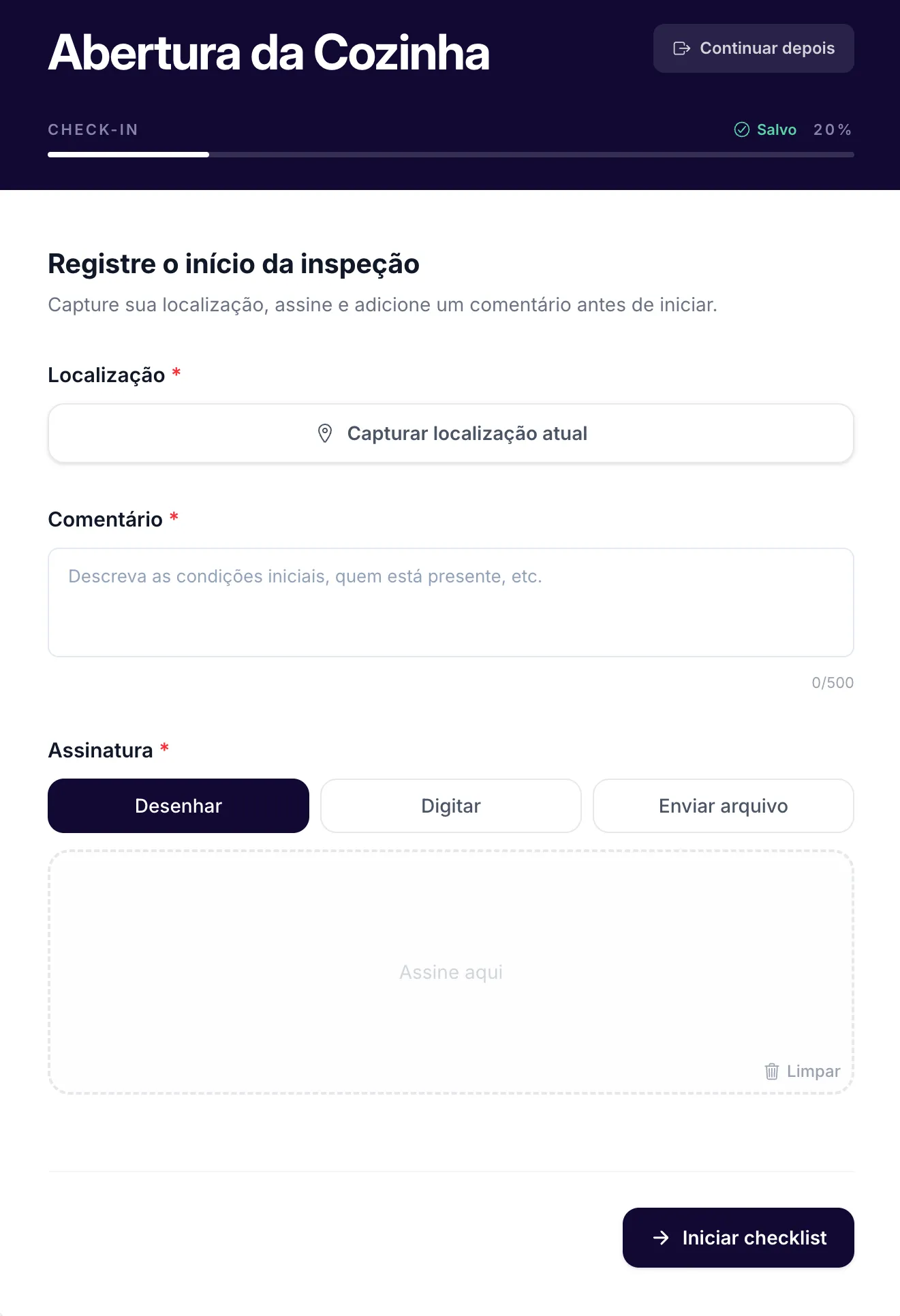 Tela de check-in no celular com captura de localização atual, campo de comentário e área de assinatura