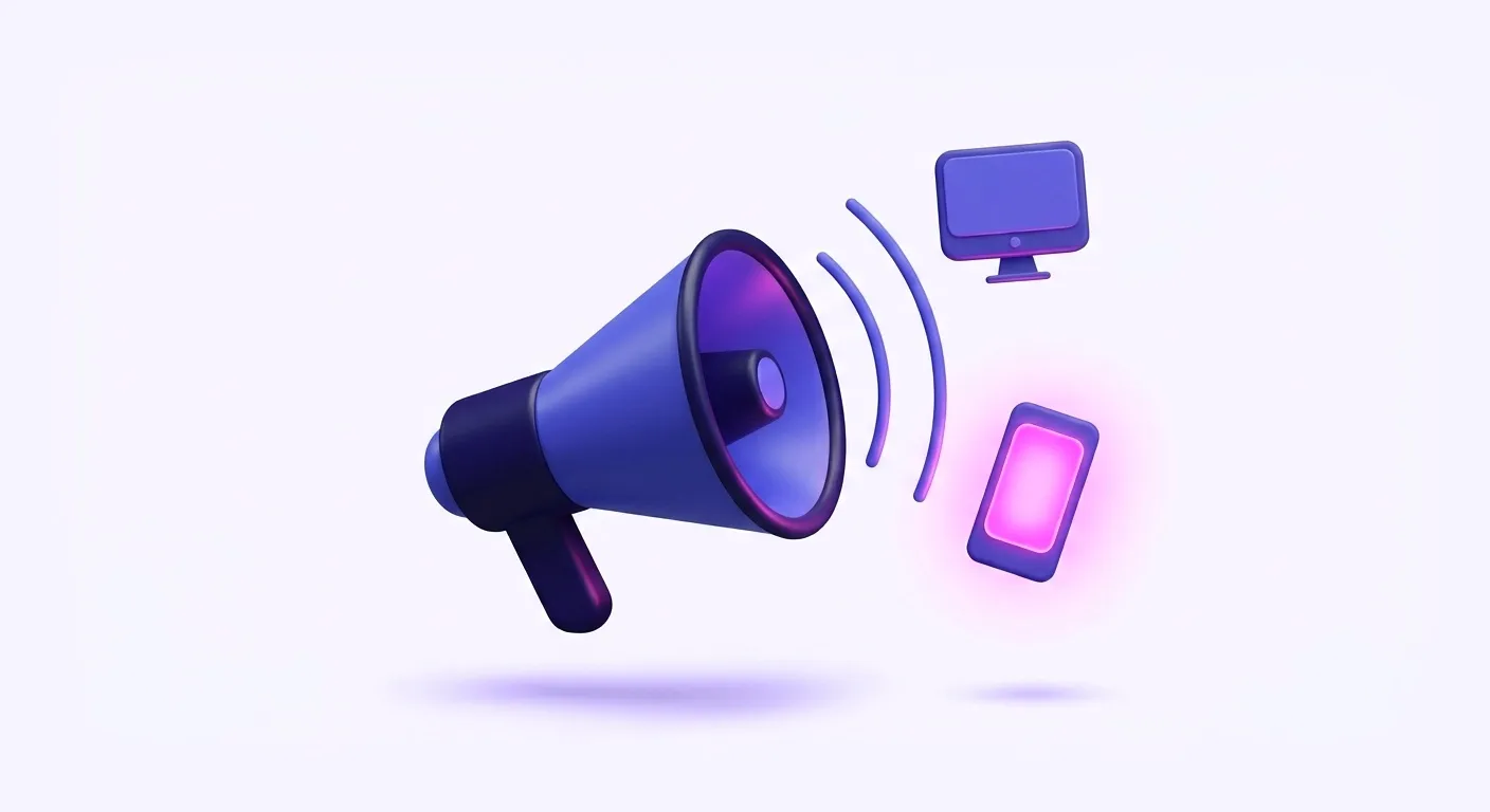 Ilustração de um megafone flutuando, com ondas de som chegando a um monitor e a um celular