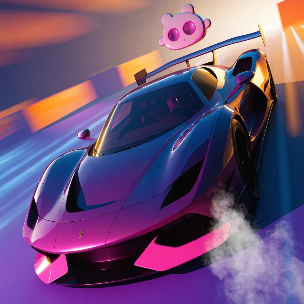 Arte gerada pela Centraliza IA, carro esportivo roxo e rosa em movimento, com um mascote de cérebro no aerofólio