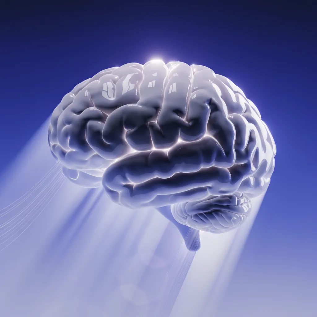 Arte gerada pela Centraliza IA, cérebro em ilustração 3D brilhante sobre fundo azul, com rastros de luz